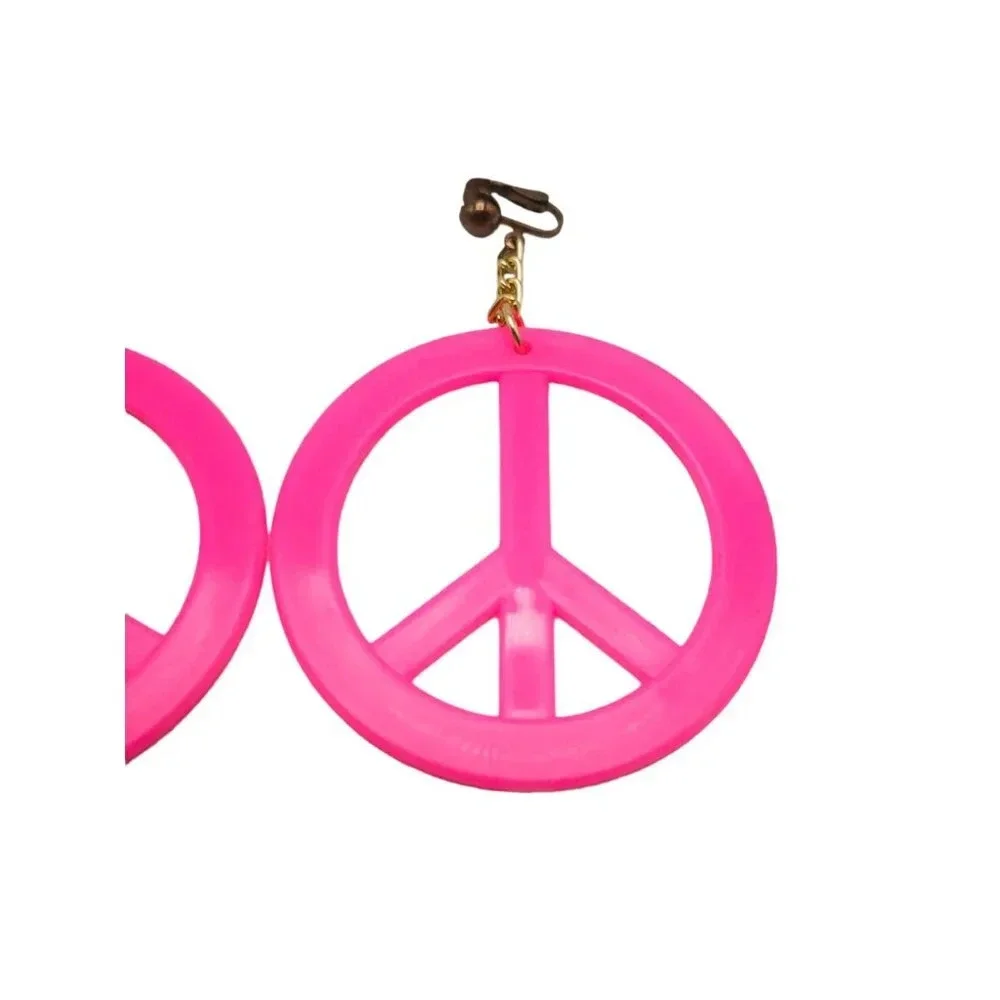 Pink Kitsch Peace Symbol Dangle Drop Earrings Gold Tone Vintage